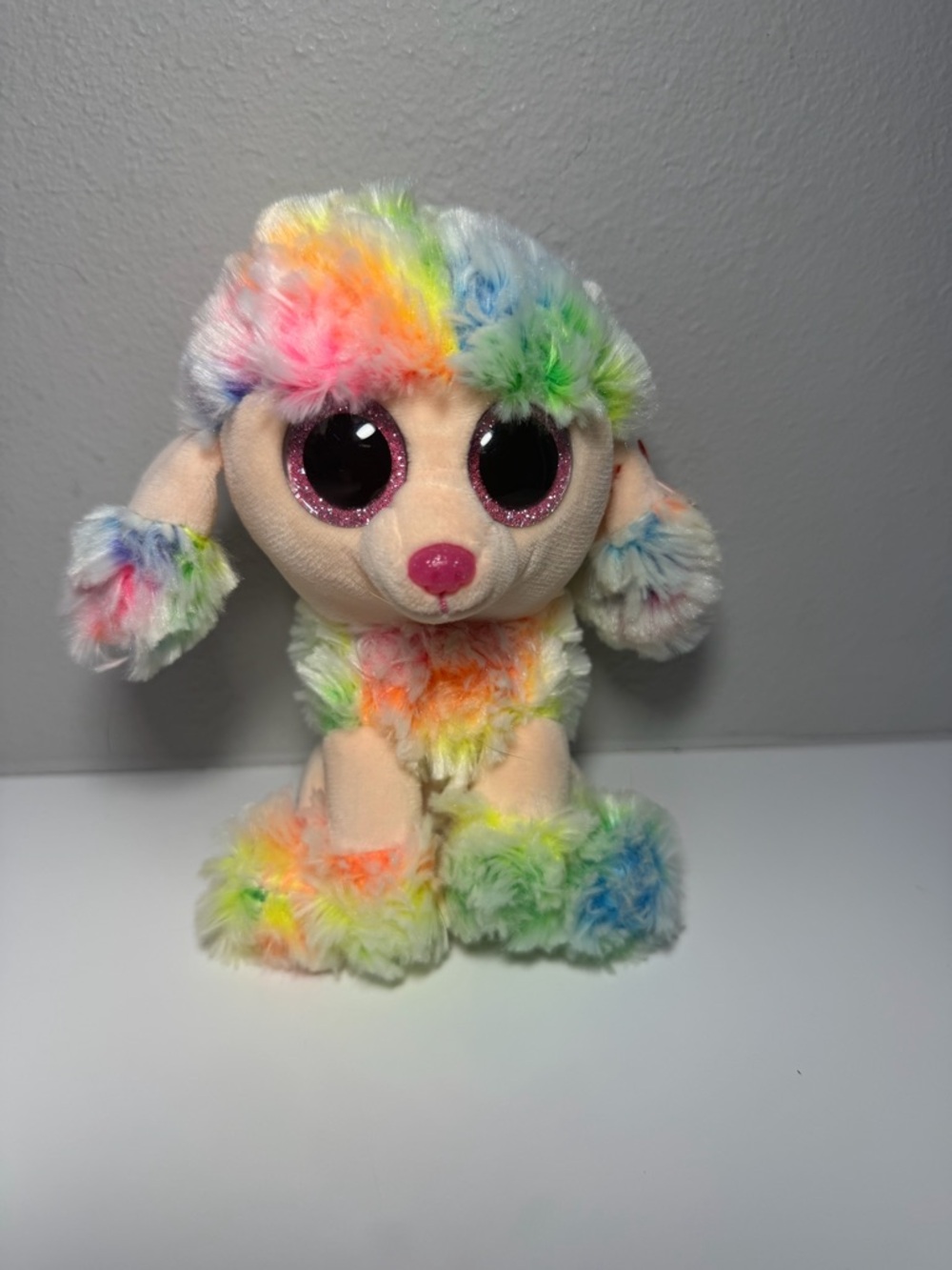 Ty Rainbow Beanie Boo Plush Poodle - Multicolor Fur with Pink Nose